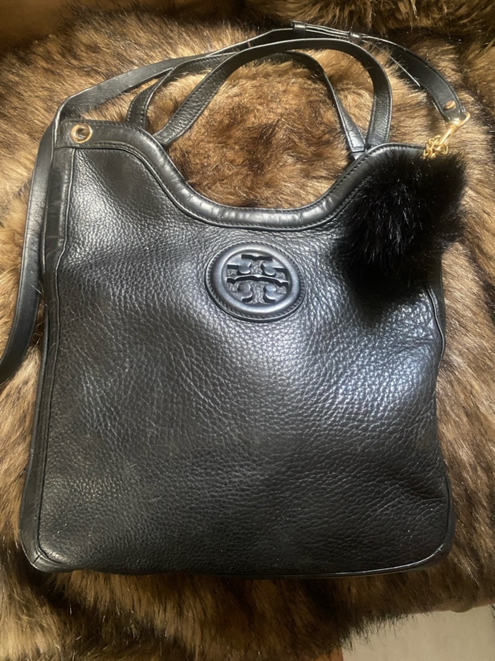 Tory Burch Black Pebbled Leather Hobo Shoulder Bag with Pom Accent
